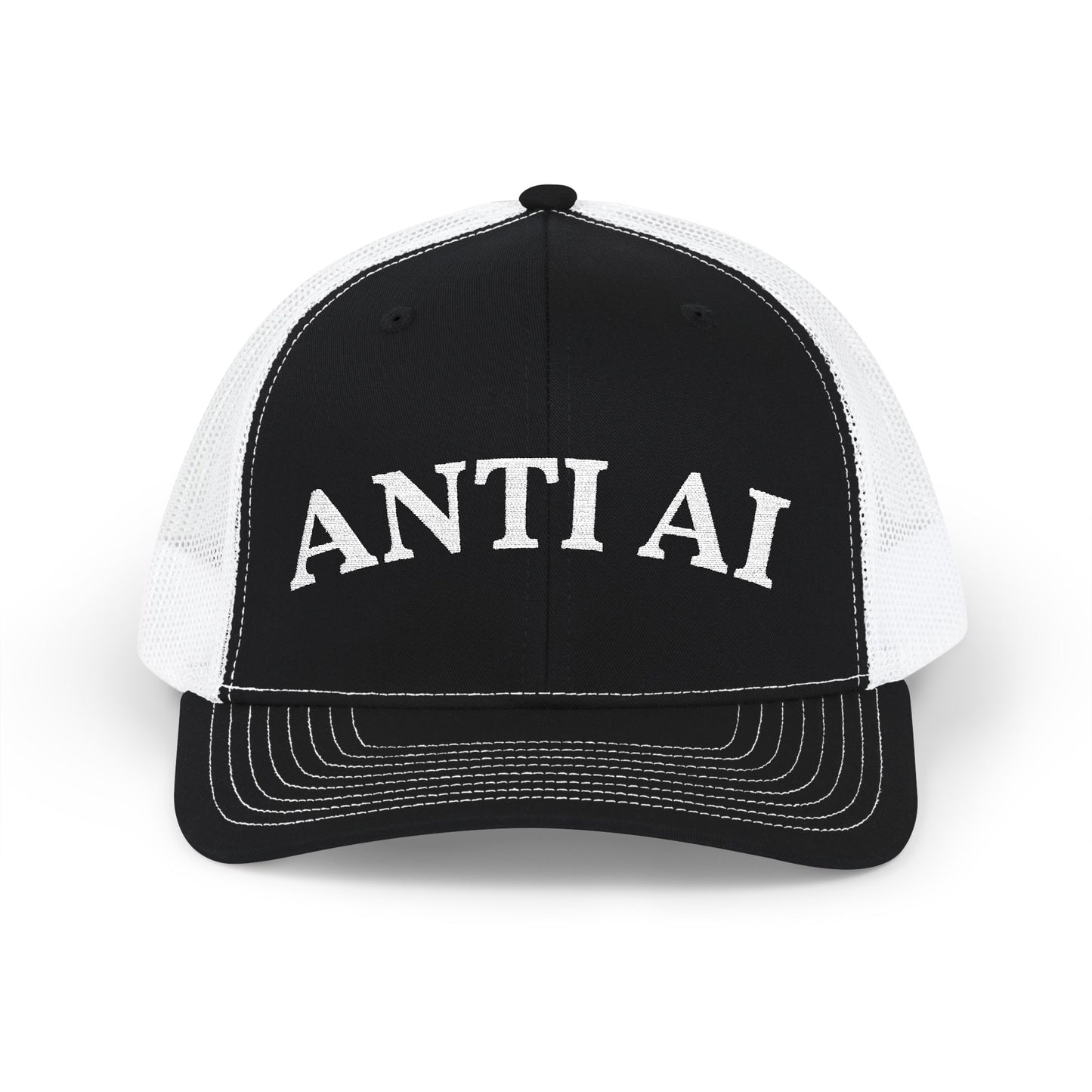 ANTI AI Snapback Trucker Hat – Retro White-Black Mesh Cap for Those who DETEST AI and want the world to know! NO AI and NO DATA CENTERS