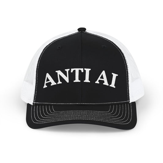 ANTI AI Snapback Trucker Hat – Retro White-Black Mesh Cap for Those who DETEST AI and want the world to know! NO AI and NO DATA CENTERS