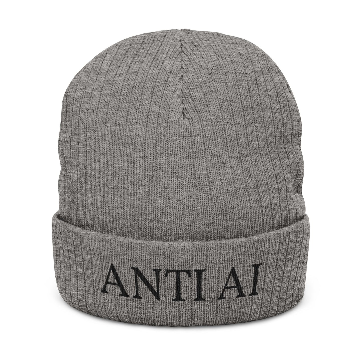 Embroidered 'ANTI AI' Ribbed Knit Beanie NO AI LOW TECH STATEMENT in a Cozy Winter Hat - NO AI - ANTI AI - WOMAN OWNED BUSINESS