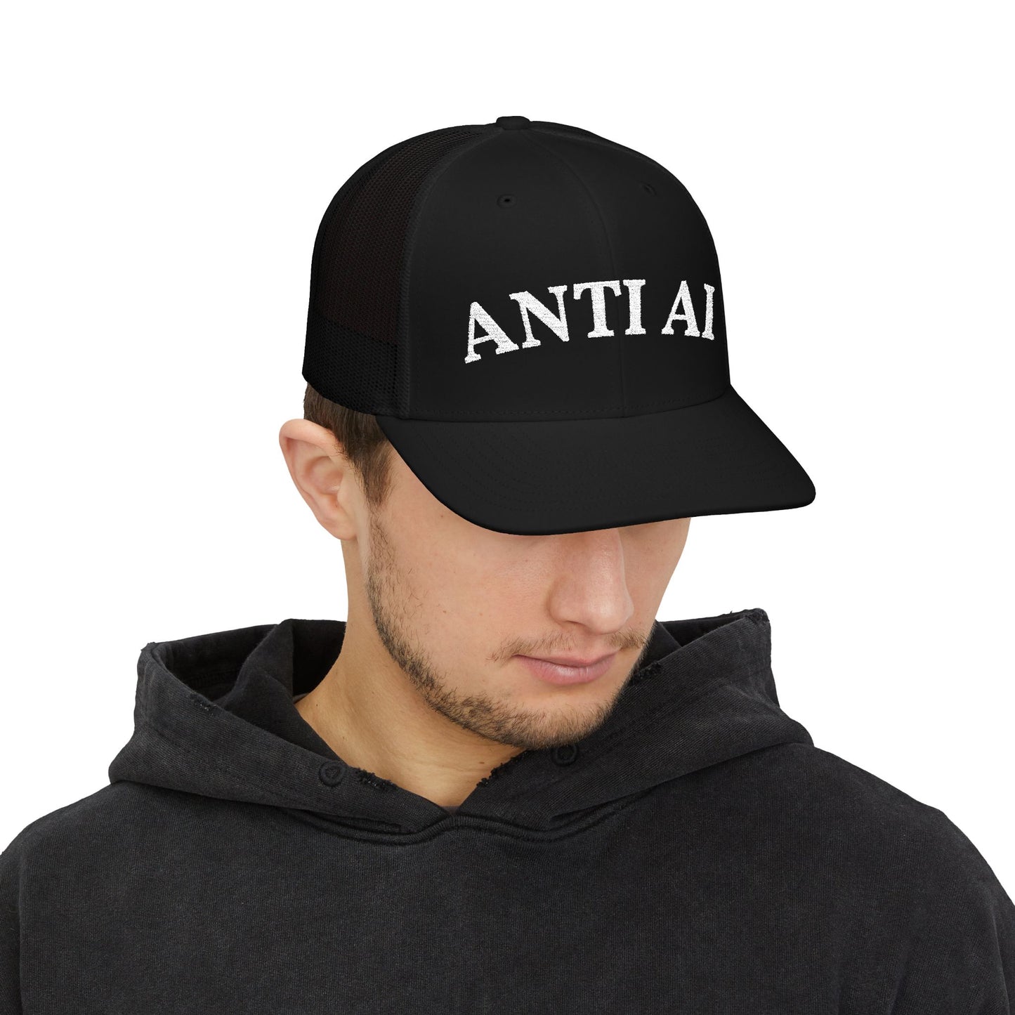 ANTI AI Snapback Trucker Hat – Retro White-Black Mesh Cap for Those who DETEST AI and want the world to know! NO AI and NO DATA CENTERS