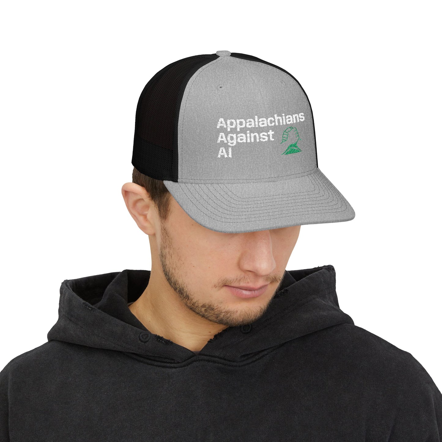 Appalachians Against AI - Snapback Trucker Hat — Mountain Pride Mesh Cap SAVE APPALACHIA FROM DATA CENTERS - ANTI AI hat