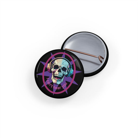 Purple and Black pin - SKULL with Headphones Starburst Button Badge "I Can't Hear You" Round Pin - Choose your size 1" 2.25" 3.5" 1.25" —  Black Background