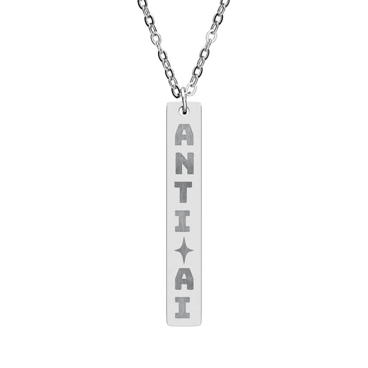ANTI AI Engraved Vertical Bar Statement Necklace with Vertical Design 1" pendant with small star