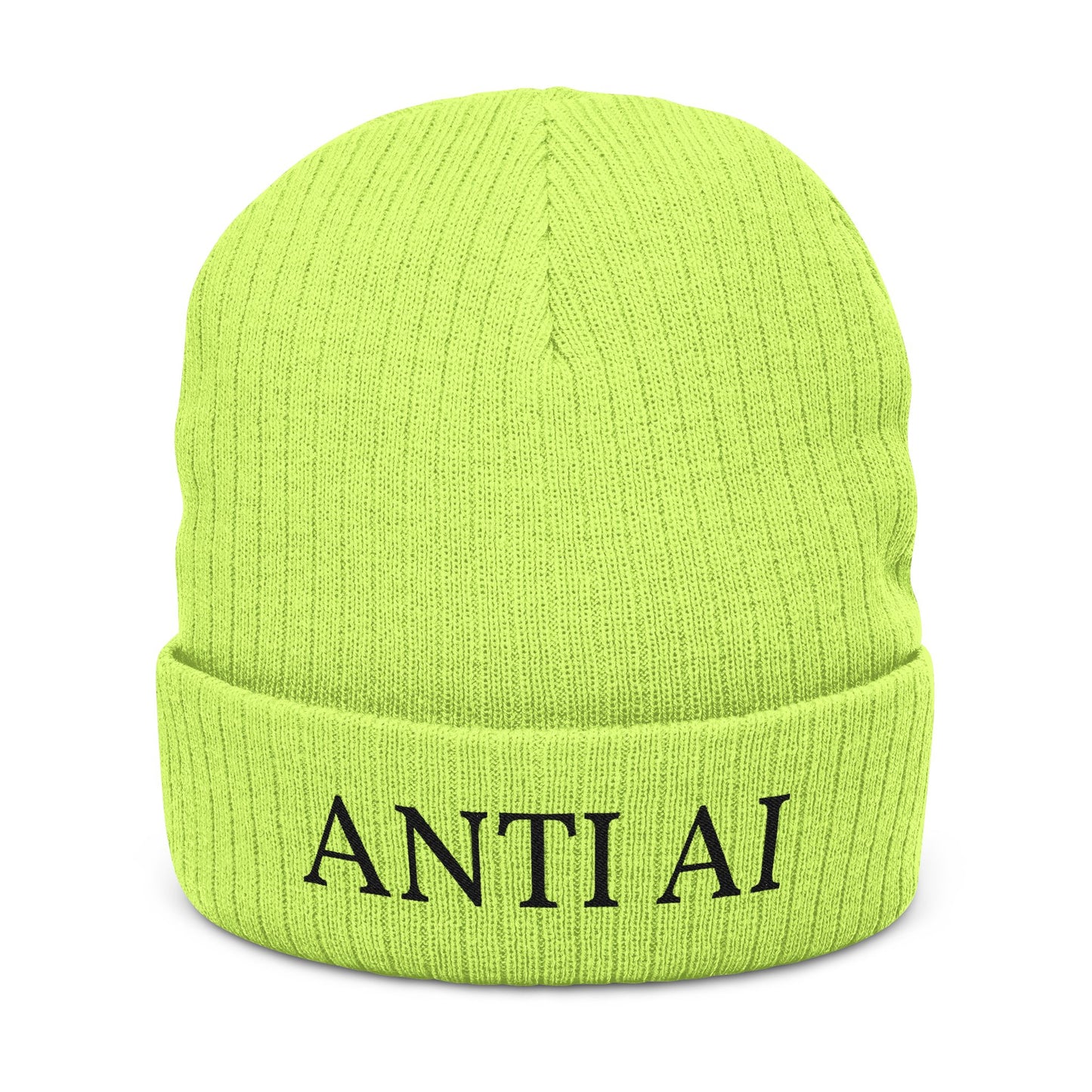 Embroidered 'ANTI AI' Ribbed Knit Beanie NO AI LOW TECH STATEMENT in a Cozy Winter Hat - NO AI - ANTI AI - WOMAN OWNED BUSINESS