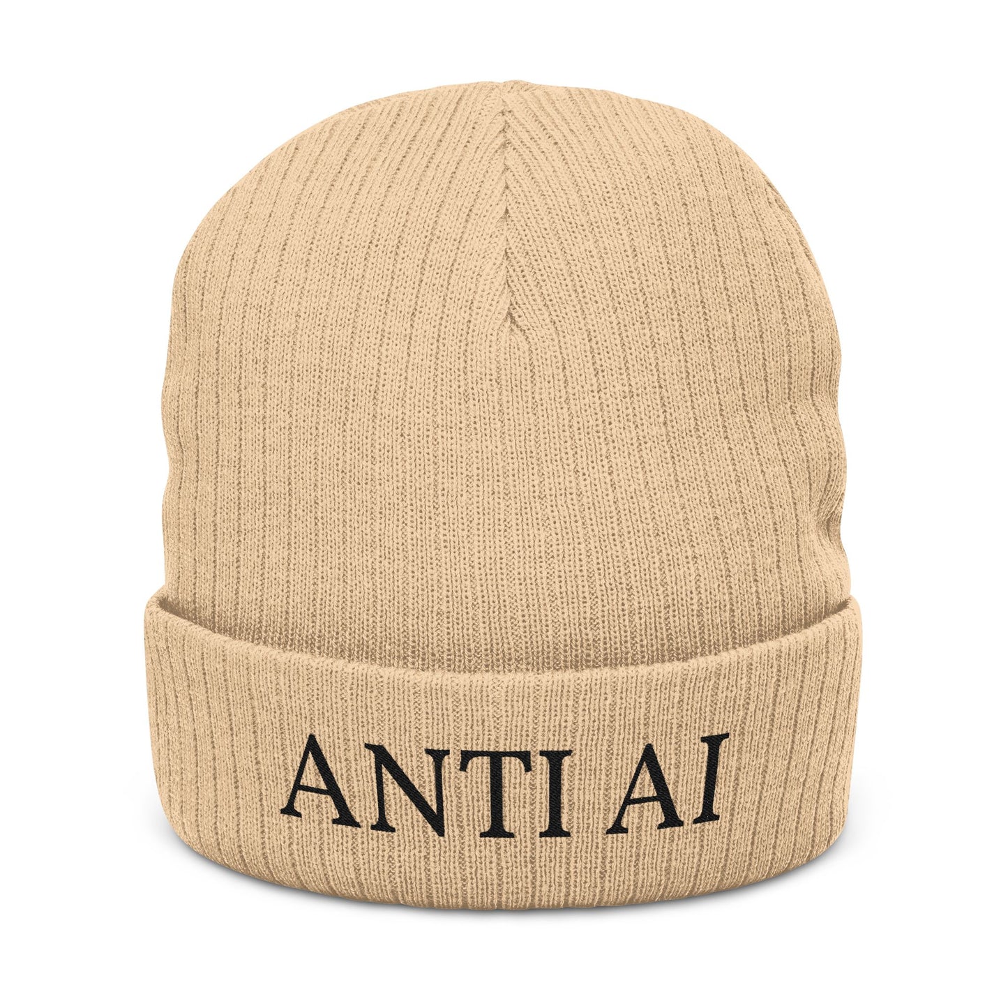 Embroidered 'ANTI AI' Ribbed Knit Beanie NO AI LOW TECH STATEMENT in a Cozy Winter Hat - NO AI - ANTI AI - WOMAN OWNED BUSINESS