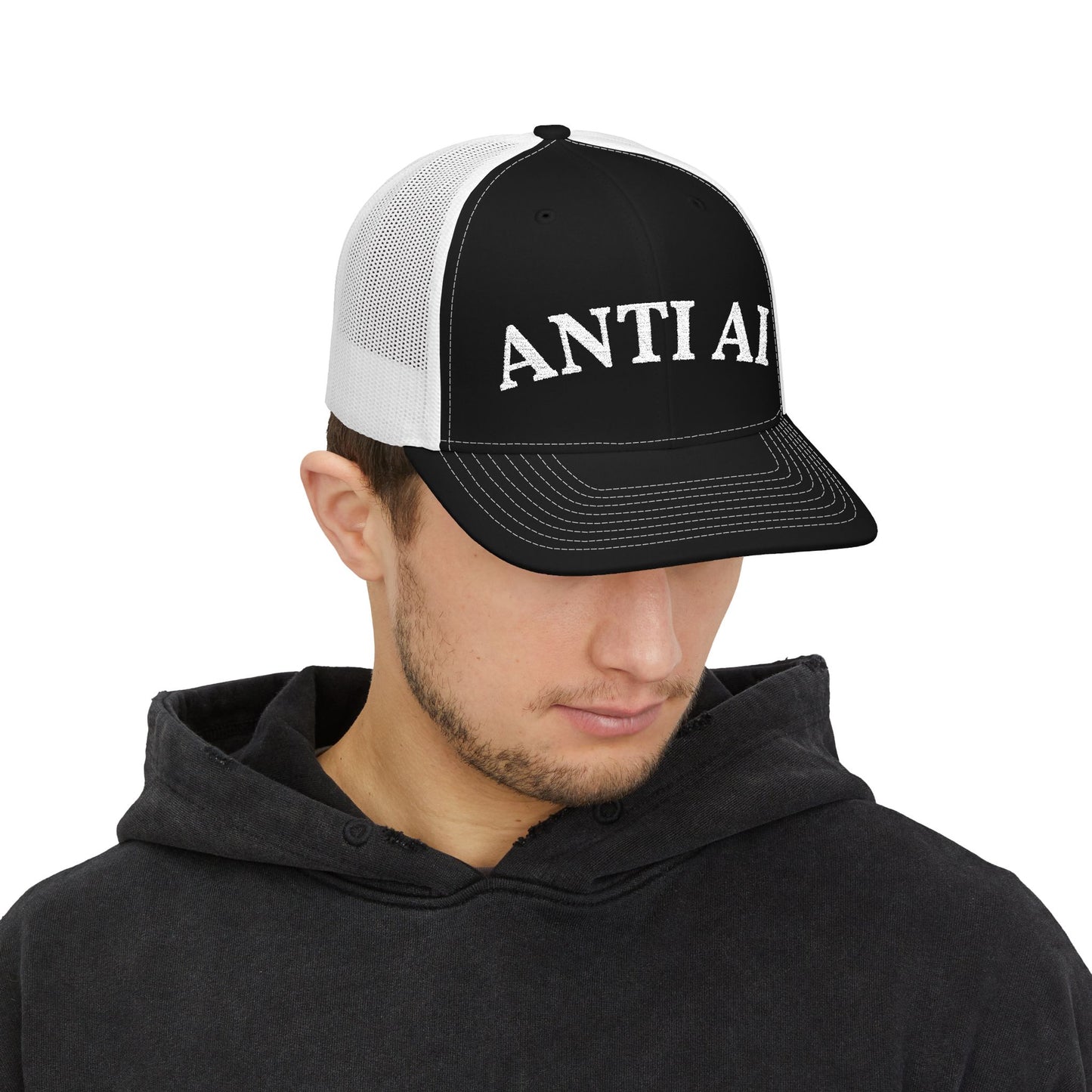 ANTI AI Snapback Trucker Hat – Retro White-Black Mesh Cap for Those who DETEST AI and want the world to know! NO AI and NO DATA CENTERS