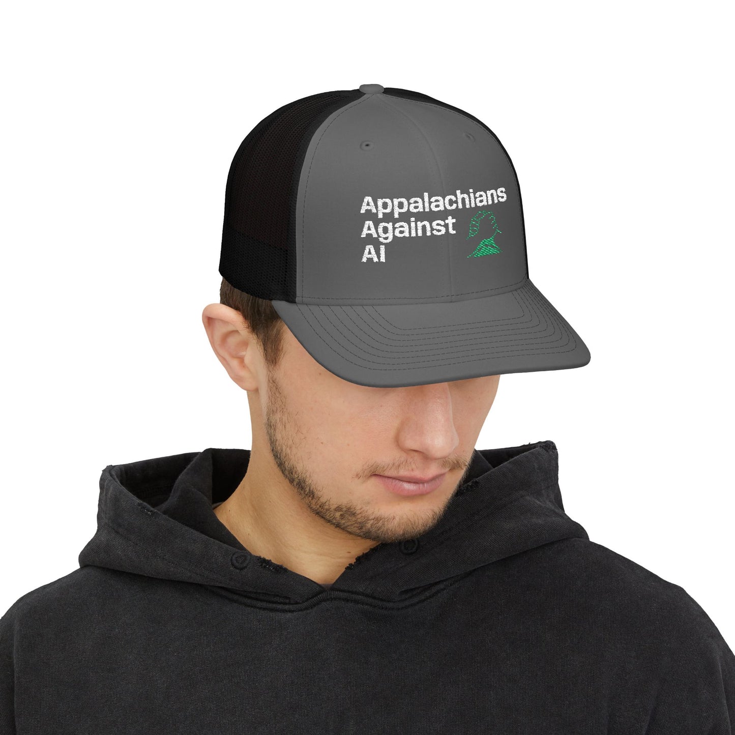 Appalachians Against AI - Snapback Trucker Hat — Mountain Pride Mesh Cap SAVE APPALACHIA FROM DATA CENTERS - ANTI AI hat