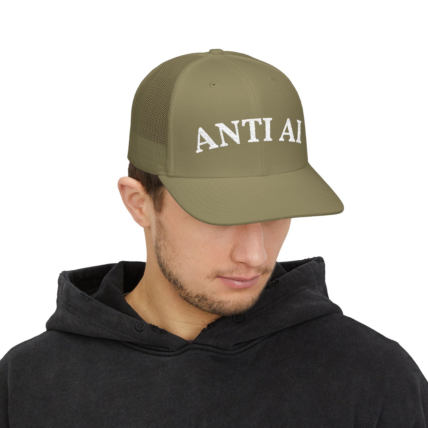 ANTI AI Snapback Trucker Hat – Retro White-Black Mesh Cap for Those who DETEST AI and want the world to know! NO AI and NO DATA CENTERS