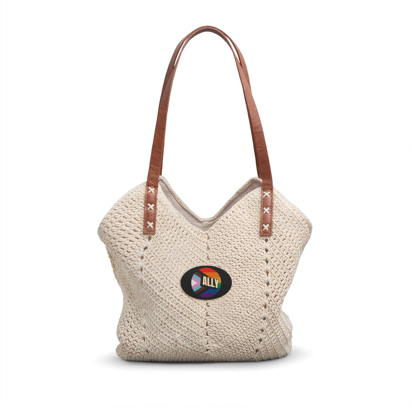 LGBTQ ALLY Straw Shoulder Bag — Boho Crochet Tote with Leather Straps