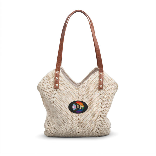 LGBTQ ALLY Straw Shoulder Bag — Boho Crochet Tote with Leather Straps