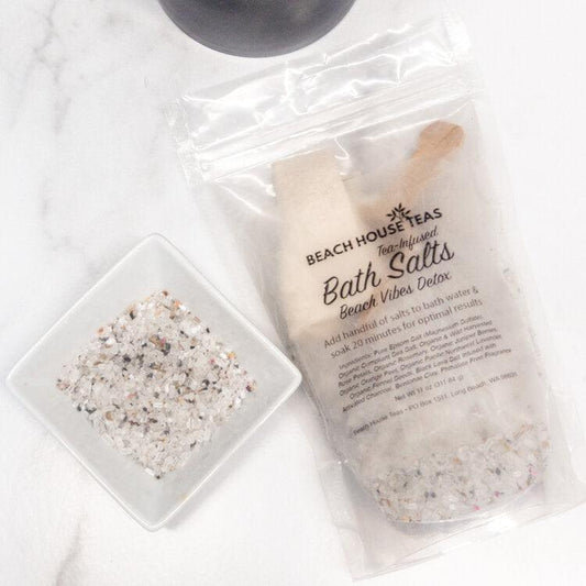 Beach Vibes Detox Tea-Infused Bath Salts - Black Sea Salt, Rosemary, Rose Petals, Green Tea, Orange Peel, Lavender & more