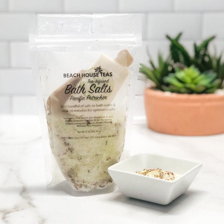 Pacific Petrichor Tea-Infused Bath Salts - Natural Bath and Body Care - Epsom & Sea Salts, Lemongrass, flowers, matcha green tea infused sea salt