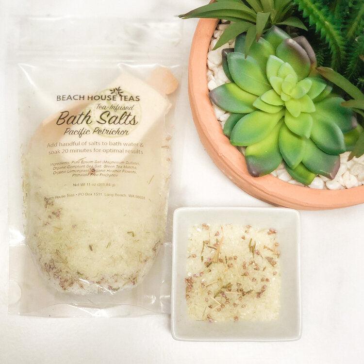 Pacific Petrichor Tea-Infused Bath Salts - Natural Bath and Body Care - Epsom & Sea Salts, Lemongrass, flowers, matcha green tea infused sea salt
