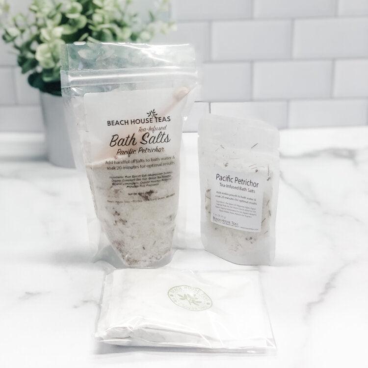 Pacific Petrichor Tea-Infused Bath Salts - Natural Bath and Body Care - Epsom & Sea Salts, Lemongrass, flowers, matcha green tea infused sea salt