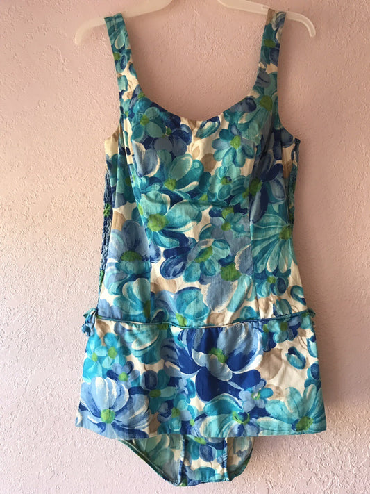 Vintage Swimsuit 1960s Rose Marie Reid Original - Pinup Style, Blue Floral Bathing Suit w/EXQUISITE DETAILS