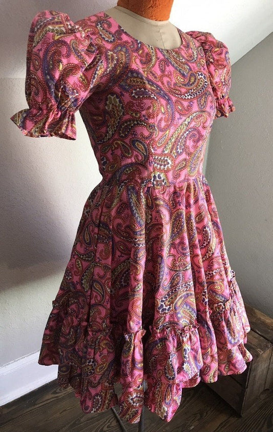 Vintage Pink Paisley Handmade Dress OOAK w/Puff Sleeves, Full Circle Skirt 1960s S/M Zip back